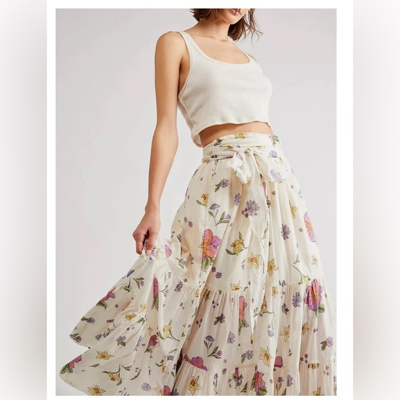 FREE PEOPLE Convertible LUNA Floral Maxi Skirt ivory size small - Picture 4 of 10